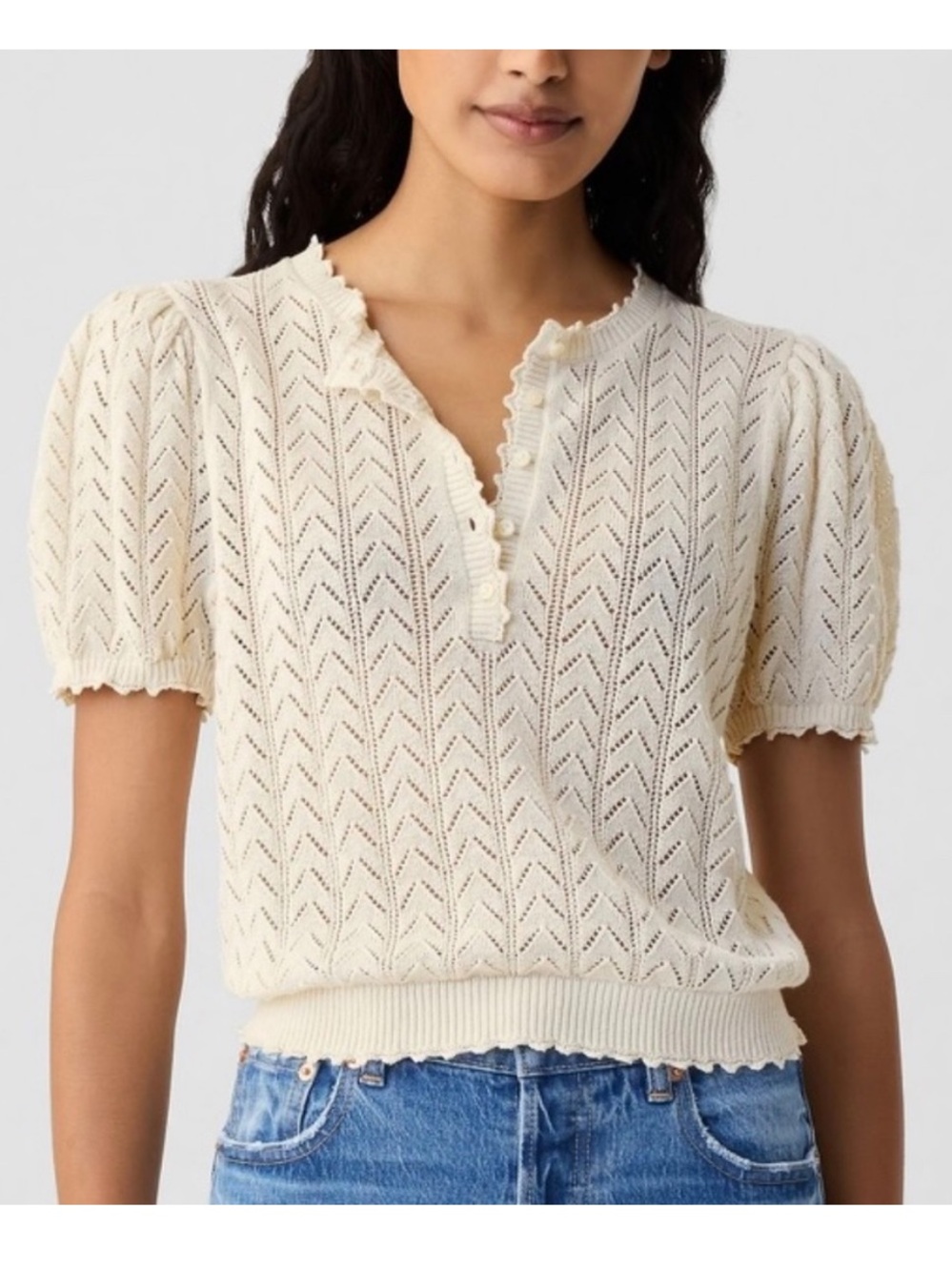 Doen X Gap ivory pointelle knit puff sleeve short sleeve top womens XL